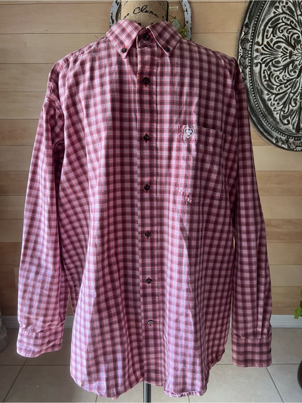 Ariat Pro Men's Pink and Black Check Button-Down Shirt Size XL